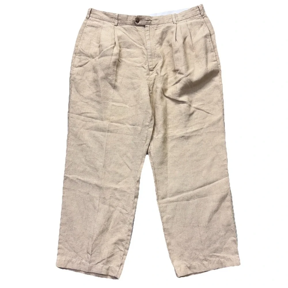 Jos A Bank Linen Pants Mens 40x29 Khaki Pleated Casual Costal Lightweight Chino